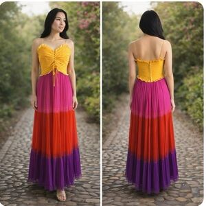 Nina Ricci Dress Vintage 80s Colorblock Silk Chiffon Maxi - Pink Purple Red